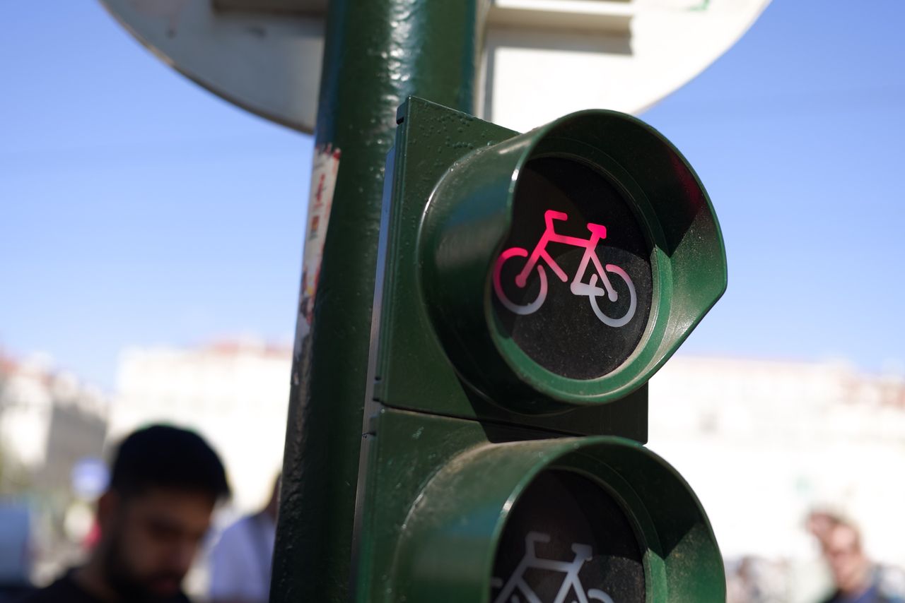 Close-up of a green bicycle traffic light showing a red illuminated bicycle symbol against a blue sky.