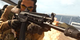 A Call of Duty character using the AMAX assault rifle.