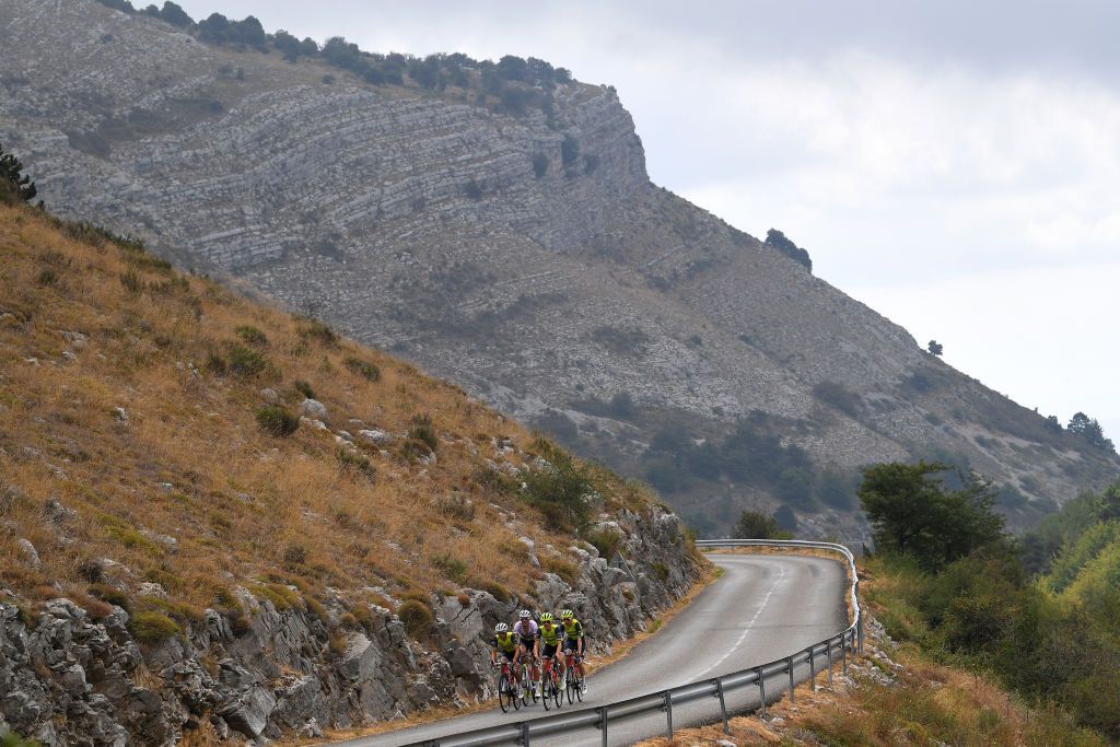 NICE FRANCE AUGUST 28 Richie Porte of Australia Toms Skujins of Latvia Mads Pedersen of Denmark Niklas Eg of Denmark and Team Trek Segafredo Landscape Mountains during the 107th Tour de France 2020 Team Trek Segafredo Training TDF2020 LeTour on August 28 2020 in Nice France Photo by Tim de WaeleGetty Images