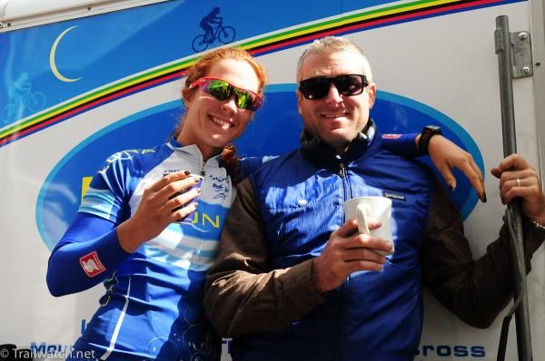 Teal Stetson-Lee and Cannondale mechanic enjoying some espresso before the women's race