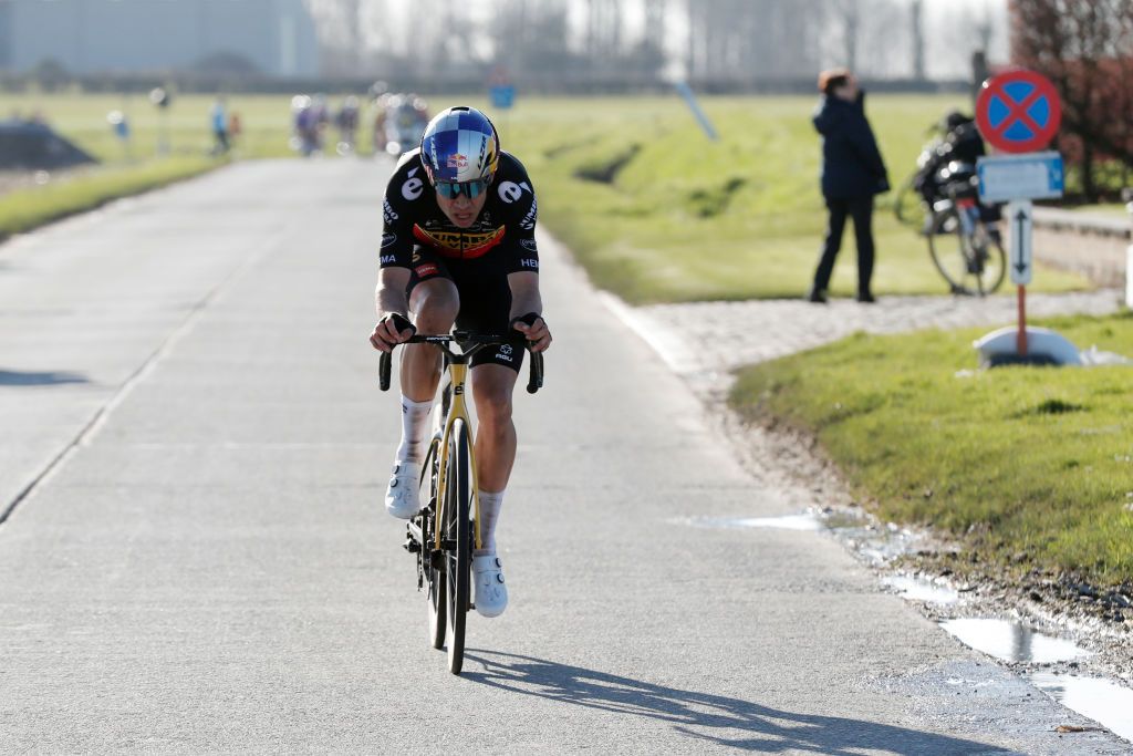 NINOVE BELGIUM FEBRUARY 26 Wout Van Aert of Belgium and Team Jumbo Visma competes during the 77th Omloop Het Nieuwsblad 2022 Mens Race a 2042km race from Ghent to Ninove OHN22 FlandersClassic WorldTour on February 26 2022 in Ninove Belgium Photo by Bas CzerwinskiGetty Images