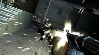 Soldiers lean sideways firing machine guns in horror FPS game F.E.A.R.