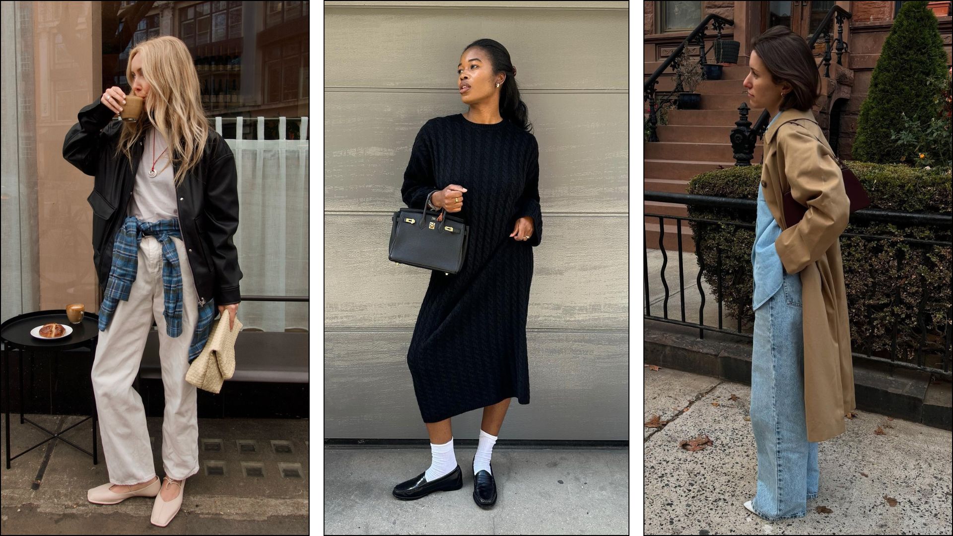 Woman wears black jacket and cream jeans; woman wears black knit dress and loafers; woman wears trench coat and blue jeans 