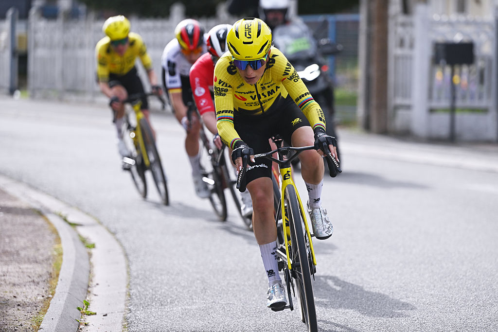 ROUBAIX, FRANCE - APRIL 12: Pauline Ferrand-Prevot of France and Team Visma | Lease a Bike competes in the breakaway during the 6th Paris-Roubaix Femmes Hauts-de-France 2026 - Women's Elite a 143.1km one day race from Denain to Roubaix / #UCIWWT / on April 12, 2026 in Roubaix, France. (Photo by Luc Claessen/Getty Images)e