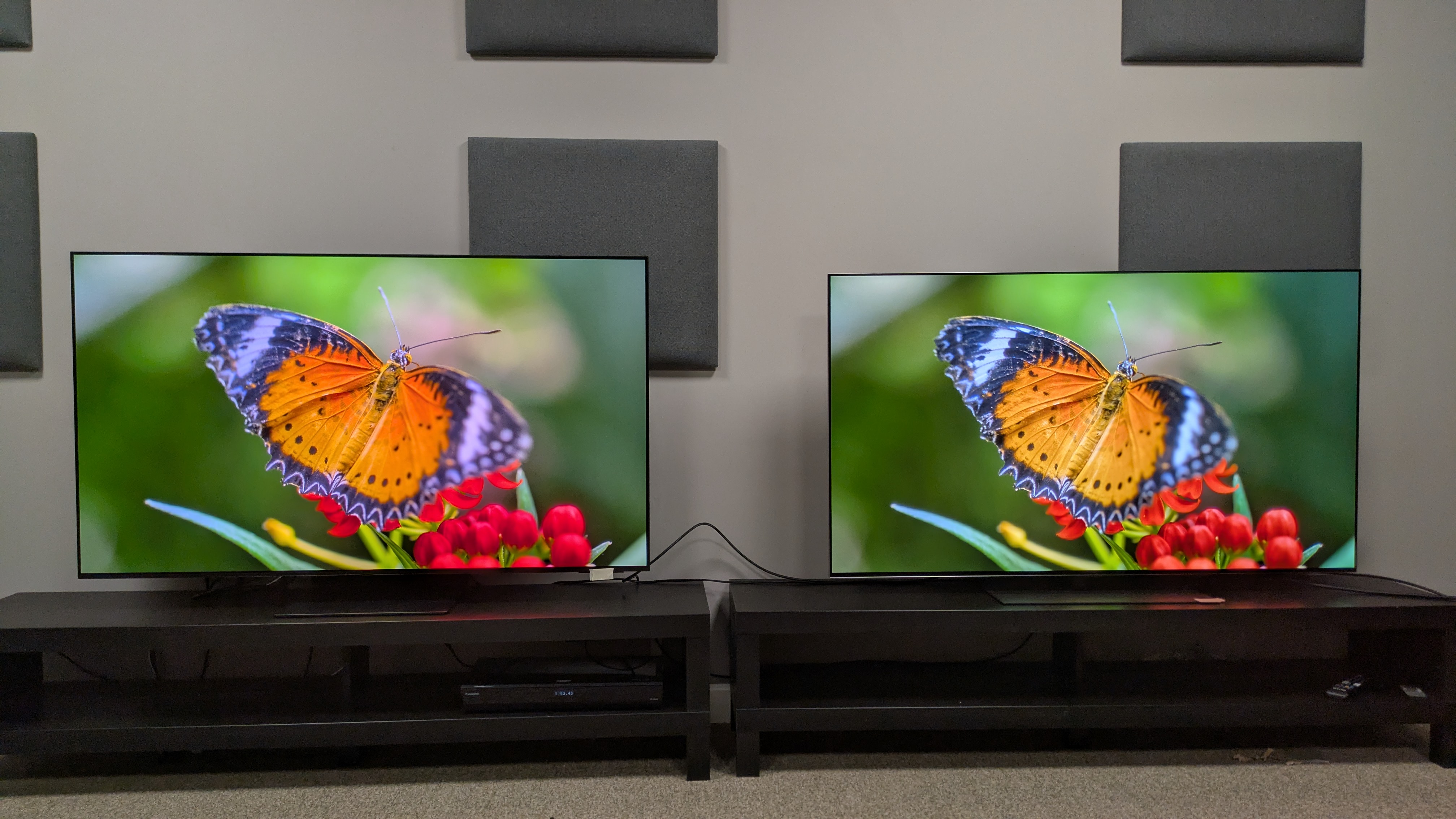 Samsung S95F (left) vs LG G5 (right) with orange butterfly on screen