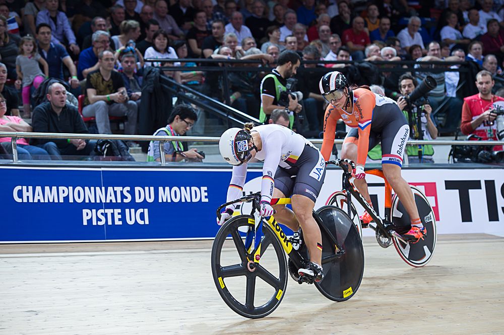 Kristina Vogel (Germany) wins gold ahead of Elis Ligtlee (Netherlands) in the women's sprint