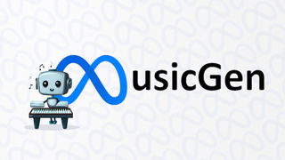 Meta MusicGen logo mockup with small AI generated robot by a keyboard