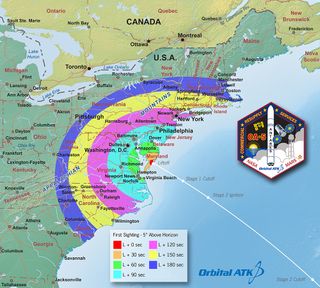 This map shows the regions of visibility for Orbital ATK's Antares rocket nighttime launch scheduled for 8:03 p.m. EDT on Sunday, Oct. 16, 2016 from Wallops Island, Virginia. The launch may be visible from a wide region of the U.S. East Coast. Color bands denote the time after launch (in seconds) the rocket's plume may be visible.