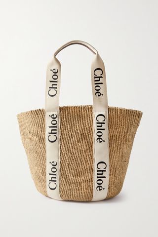 Woody Large Leather-Trimmed Raffia Tote