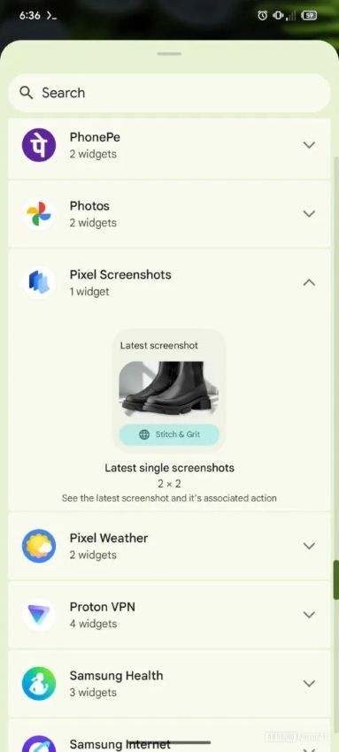 Pixel Screenshots widget on the homescreen