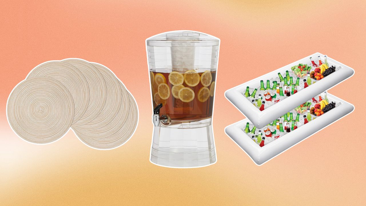 Placemats, drinks pitcher, and cooler on orange background