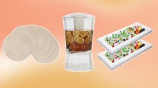 Placemats, drinks pitcher, and cooler on orange background