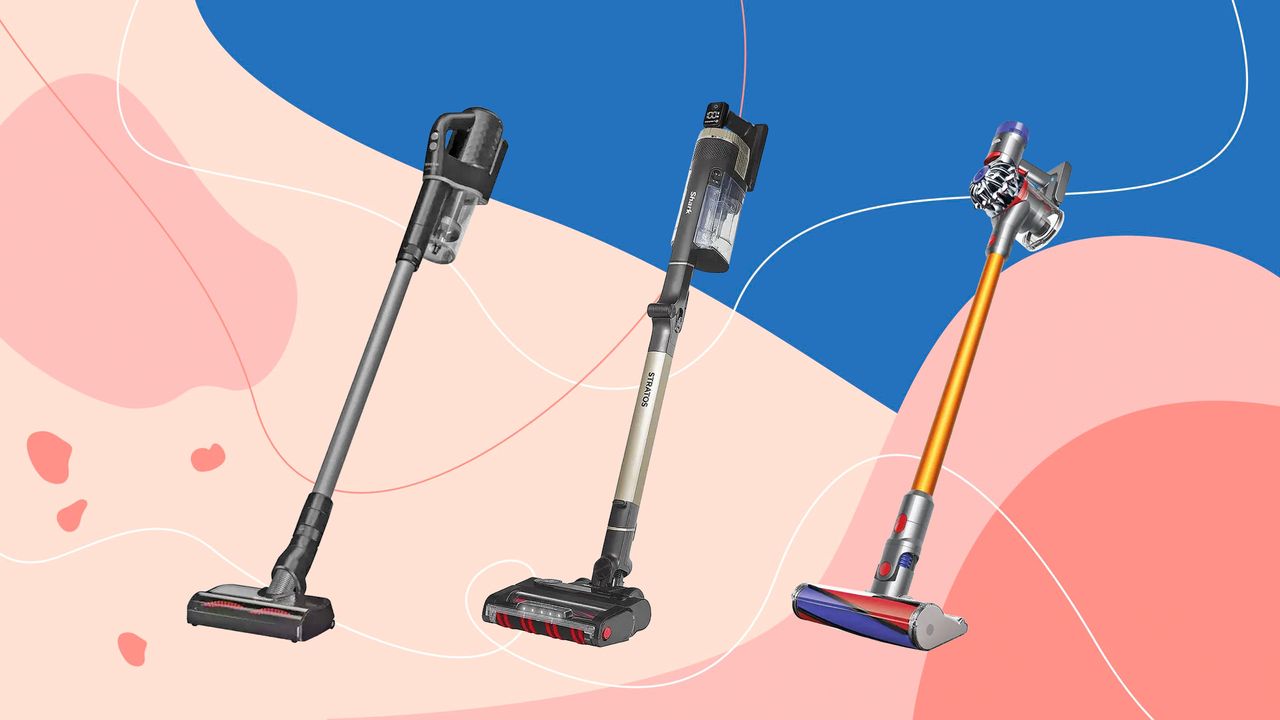 Cordless vacuum cleaner hero image with a Miele, Shark, and Dyson vacuum