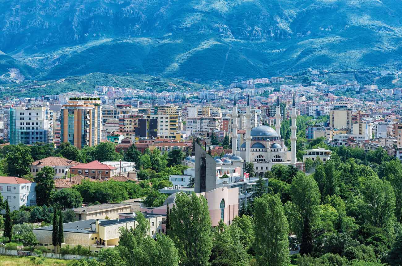 The Tirana skyline, with the Great Mosque in the foreground