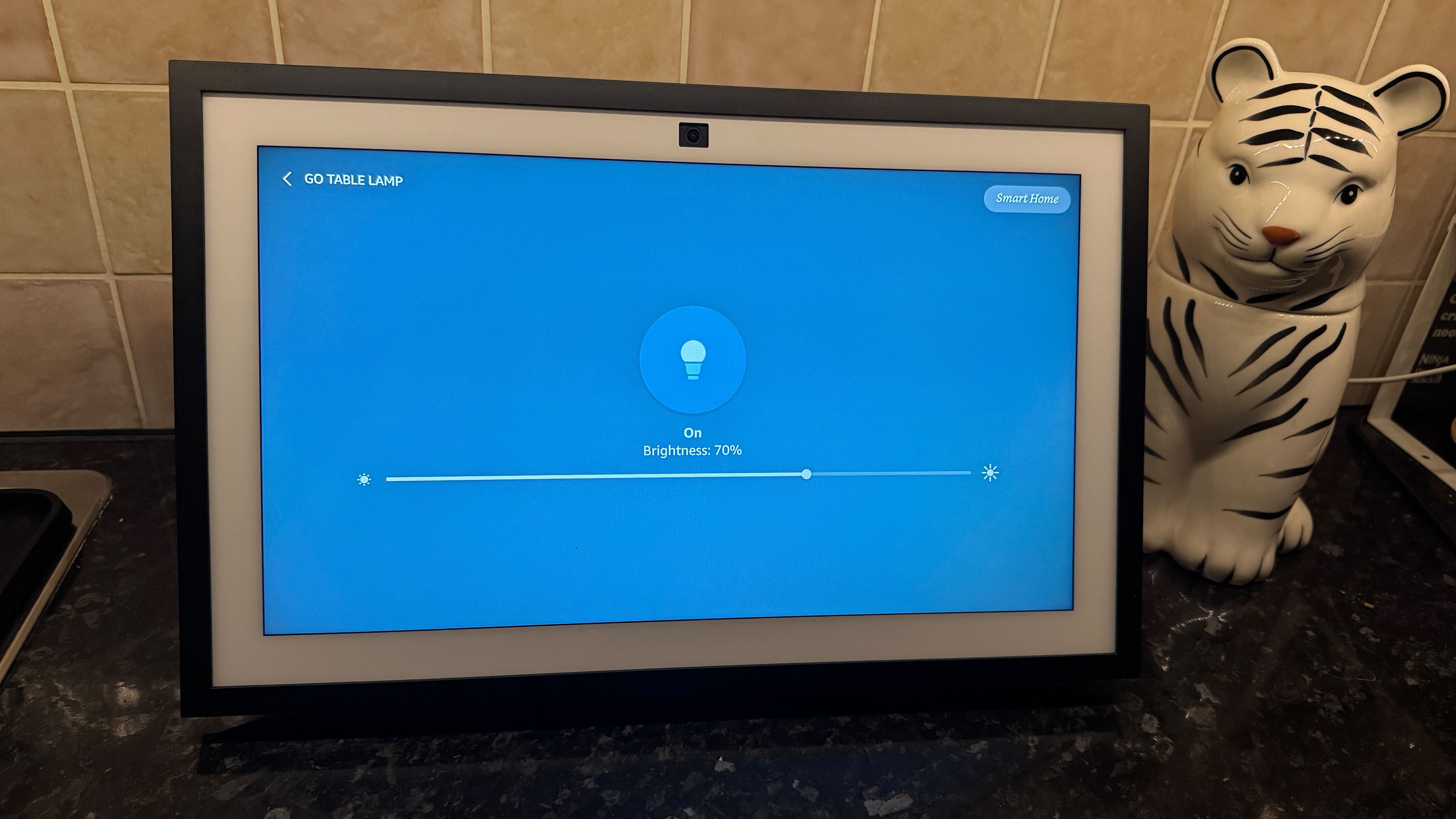 Amazon Echo Show on a counter displaying the smart light brightness widget.