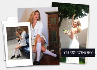 A Marie Claire graphic of Gabby Windey wearing a white blazer, dress, socks, and loafers, and a white silk dress.