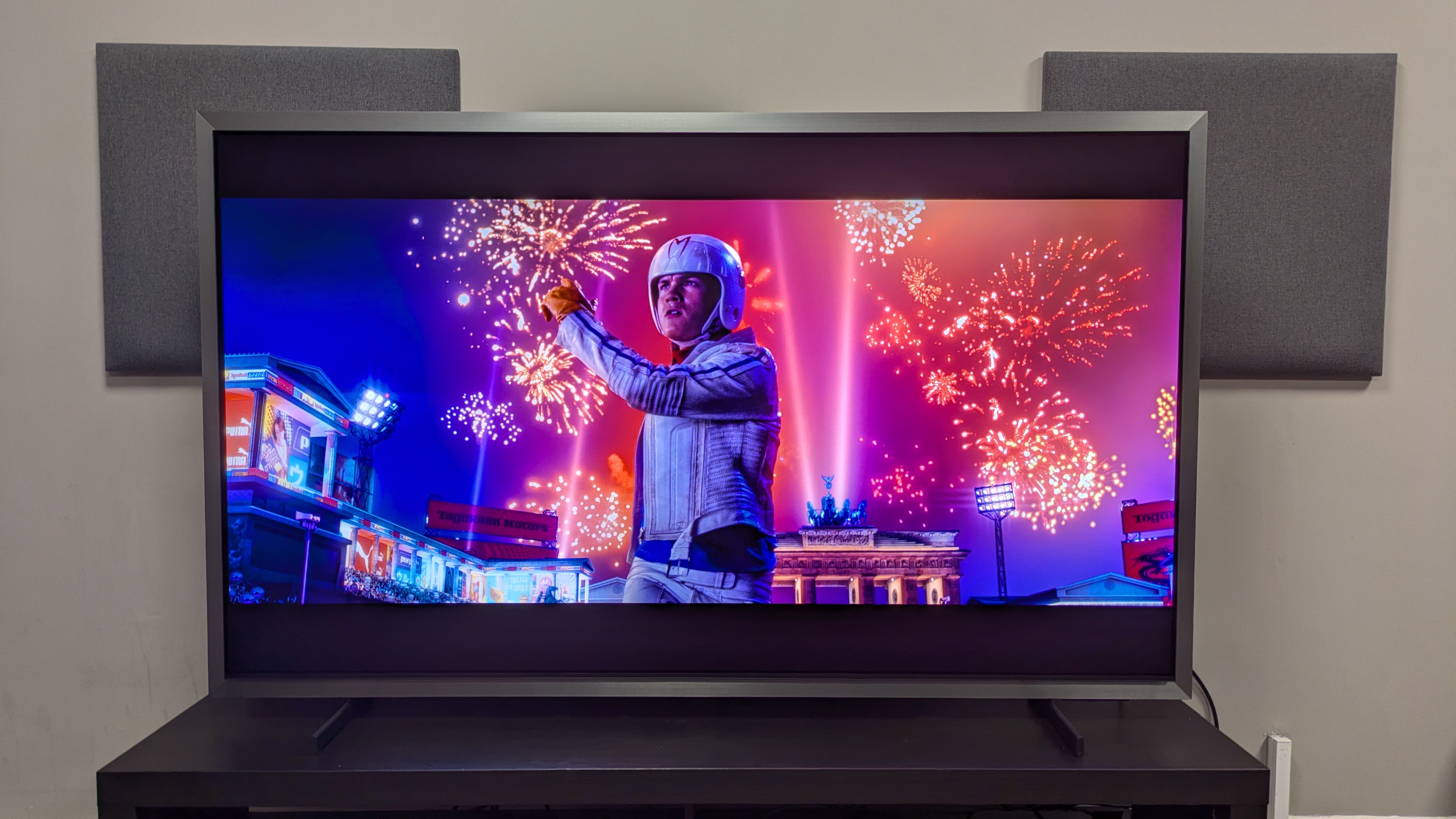 Samsung S99H with shot of Speed Racer in front of some fireworks from Speed Race. The S99H's color reproduction is vivid and dazzling