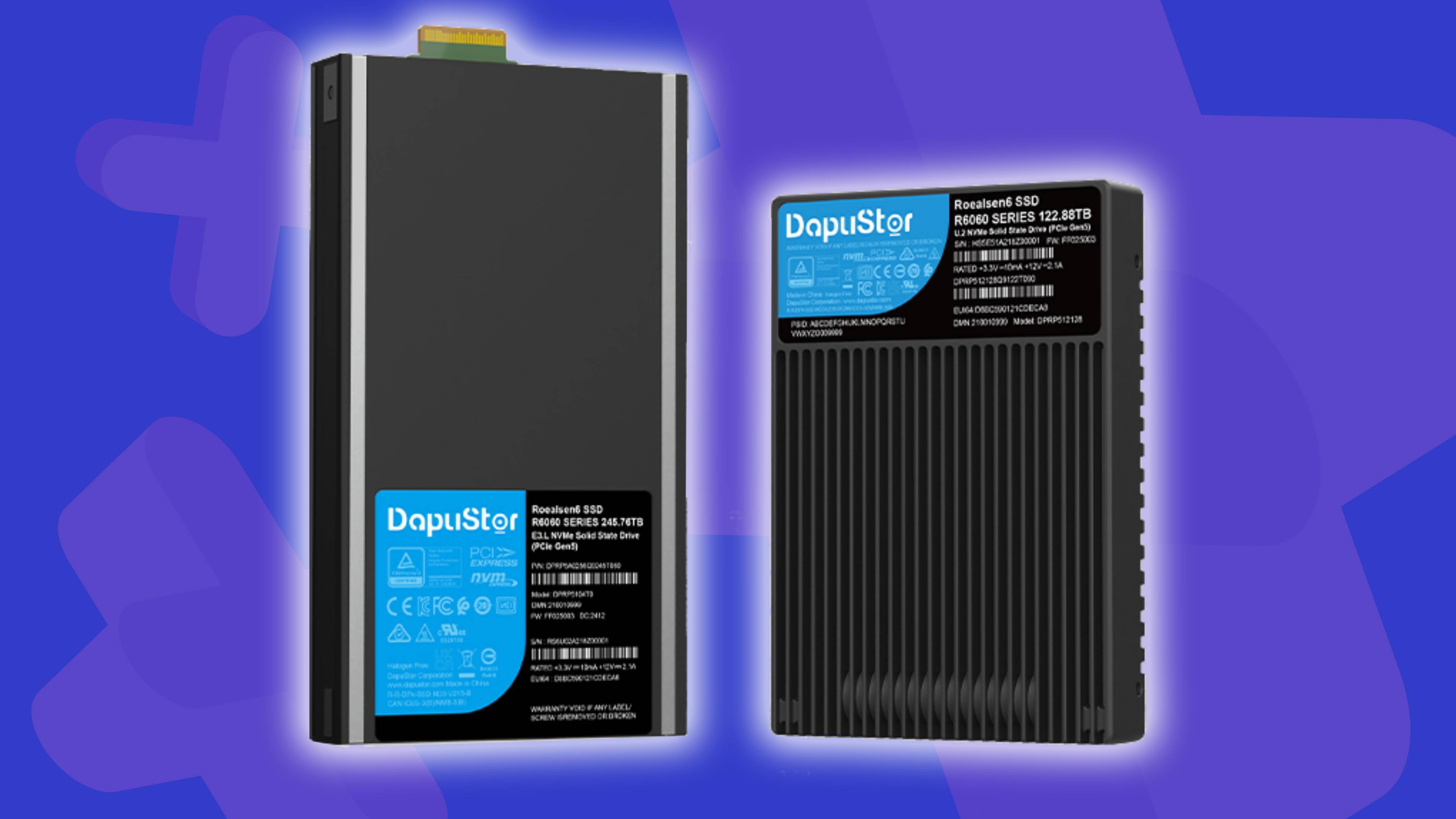 Image of a DapuStor R6060 PCIe Gen5 QLC NVMe SSD on a blue GamesRadar+ background.