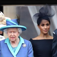 london, england july 10 queen elizabeth ii, prince harry, duke of sussex and meghan, duchess of sussex on the balcony of buckingham palace as the royal family attend events to mark the centenary of the raf on july 10, 2018 in london, england photo by chris jacksongetty images
