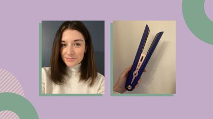Jess beech with straightened hair and holding the straightener for this Dyson Corrale review