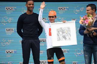 Sergio Andres Higuita (Euskadi) celebrates winning the white jersey at Volta a la Comunitat Valenciana