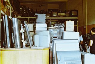 Old TVs in a storage unit