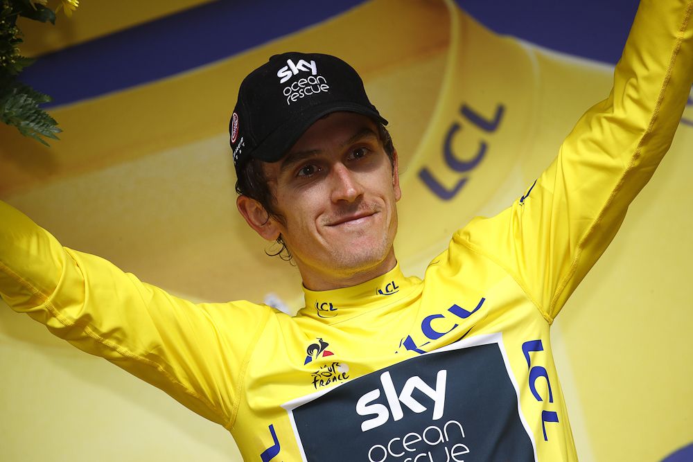 Geraint Thomas in yellow after stage 19 at the tour de France