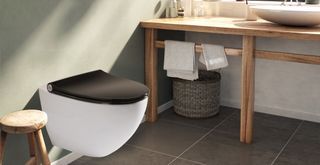 black simple toilet seat in Scandi style bathroom