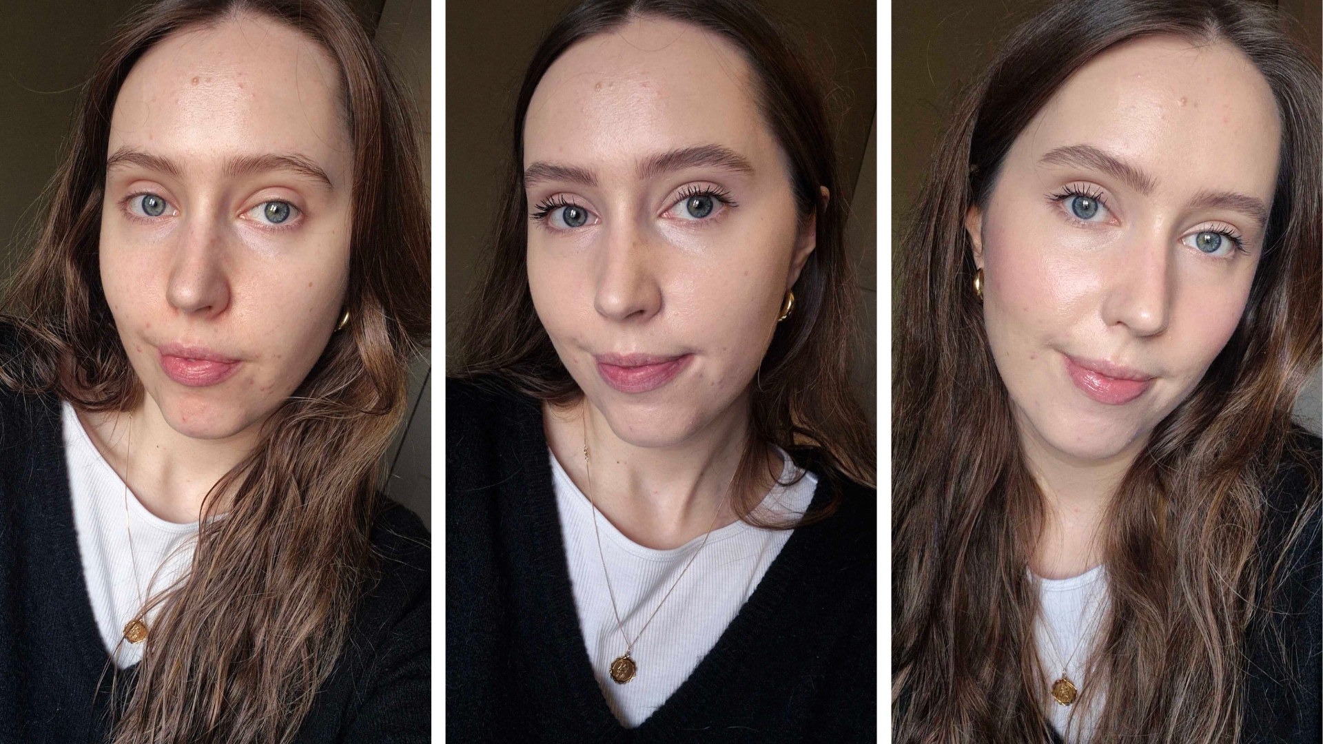 On the left, is a picture of Digital Beauty Writer, Naomi Jamieson with no makeup up, just her skincare applied. Then, in the middle is a picture of her wearing just the Chanel Water-Fresh Complexion Touch on her skin, along with brow gel and mascara and finally, on a right is a picture of Naomi wearing the Water-Fresh Complexion with a full face of makeup, including contour, blush and highlighter - to demonstrate the before and after effects, as well as how the product looks under a full-face of makeup.