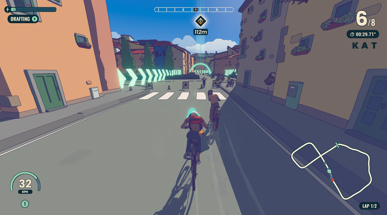 Wheel World indie developer interview; images from a video game of a cyclist riding through a stylised video game world