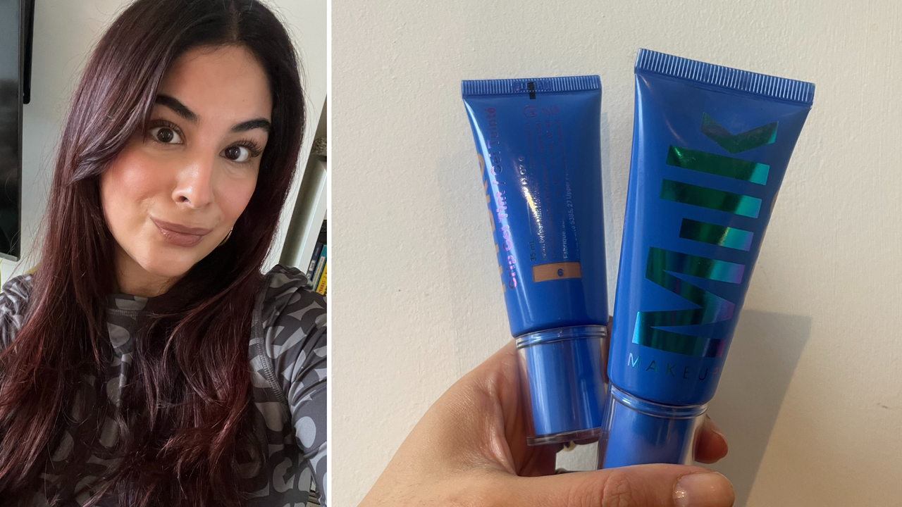 Milk Makeup Hydro Grip 12-hour Gel Tint hero image of the product and nessa wearing it 