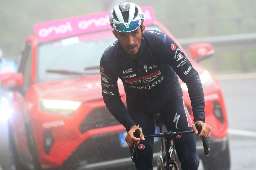 Team Soudal-Quick Step&#039;s French rider Julian Alaphilippe rides in a breakaway during the 16th stage of the 107th Giro d&#039;Italia cycling race, 206km between Livigno and Santa Cristina Val Gardena on May 21, 2024. (Photo by Luca Bettini / AFP)