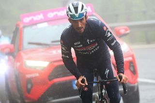 Team Soudal-Quick Step's French rider Julian Alaphilippe rides in a breakaway during the 16th stage of the 107th Giro d'Italia cycling race, 206km between Livigno and Santa Cristina Val Gardena on May 21, 2024. (Photo by Luca Bettini / AFP)