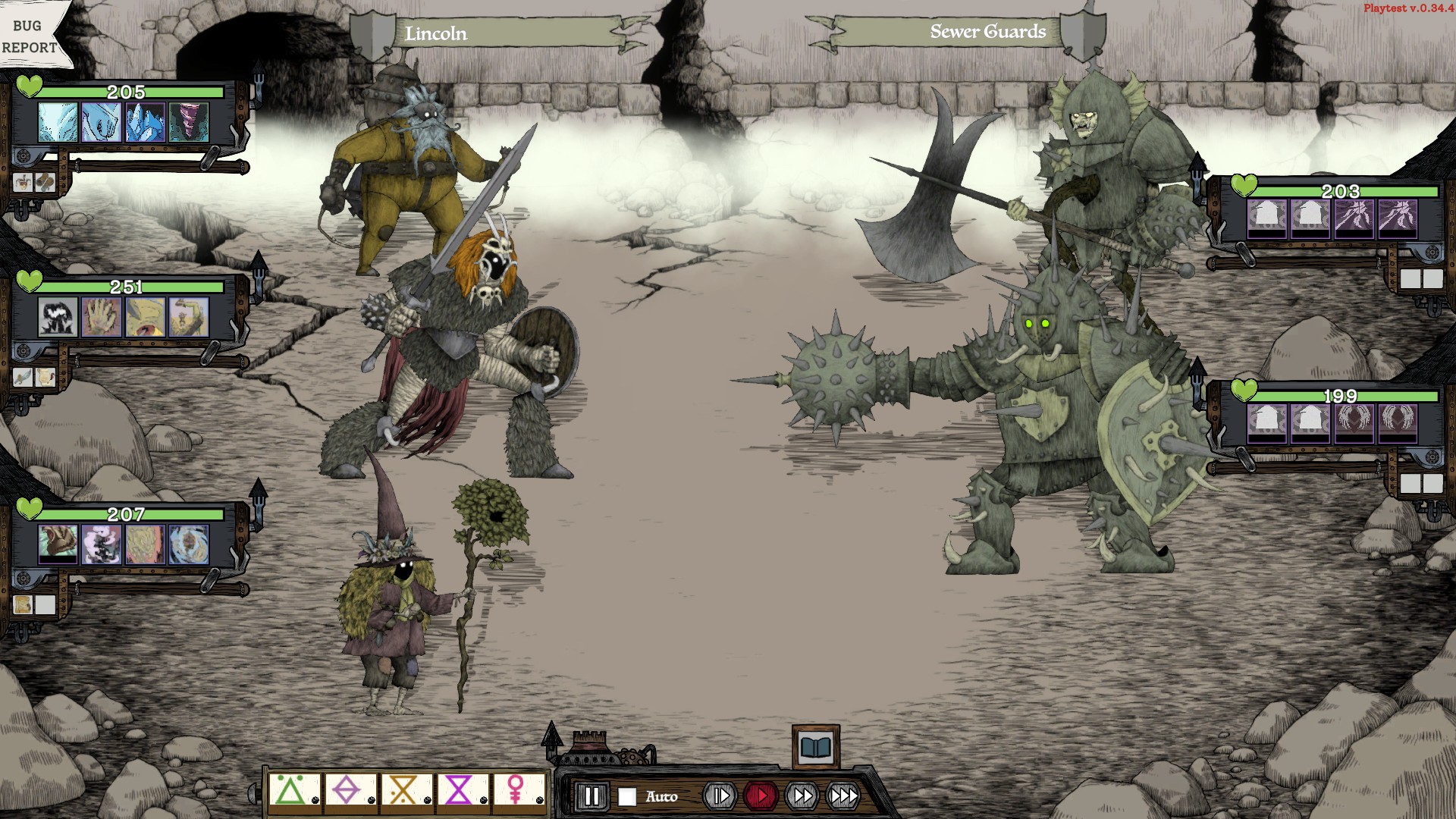 A squad of homunculi battle goblin sewer guards in Flask.