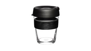 black and glass KeepCup Reusable 12oz Glass Coffee Cup, one of w&h's best coffee travel mugs