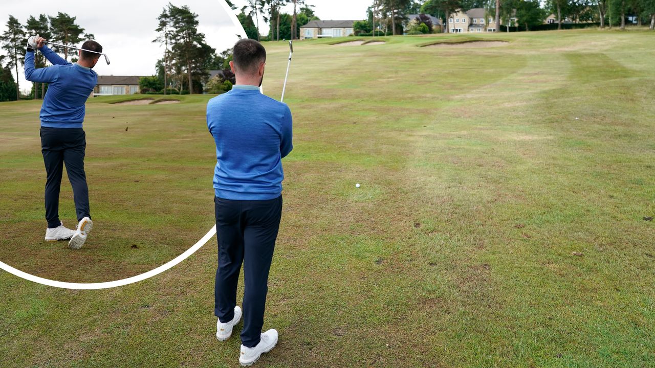 Baz Plummer trying to hit the green in regulation on a par-4 at Sand Moor Golf Club, going through his pre-shot routine, with an inset image of Baz hitting an iron shot into the same green