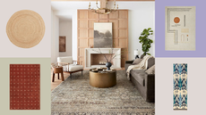 a central lifestyle image showcasing a large area rug with two rugs either side from various retailers