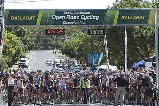 The field assemble on the startline in Buninyong for the men's open road race.