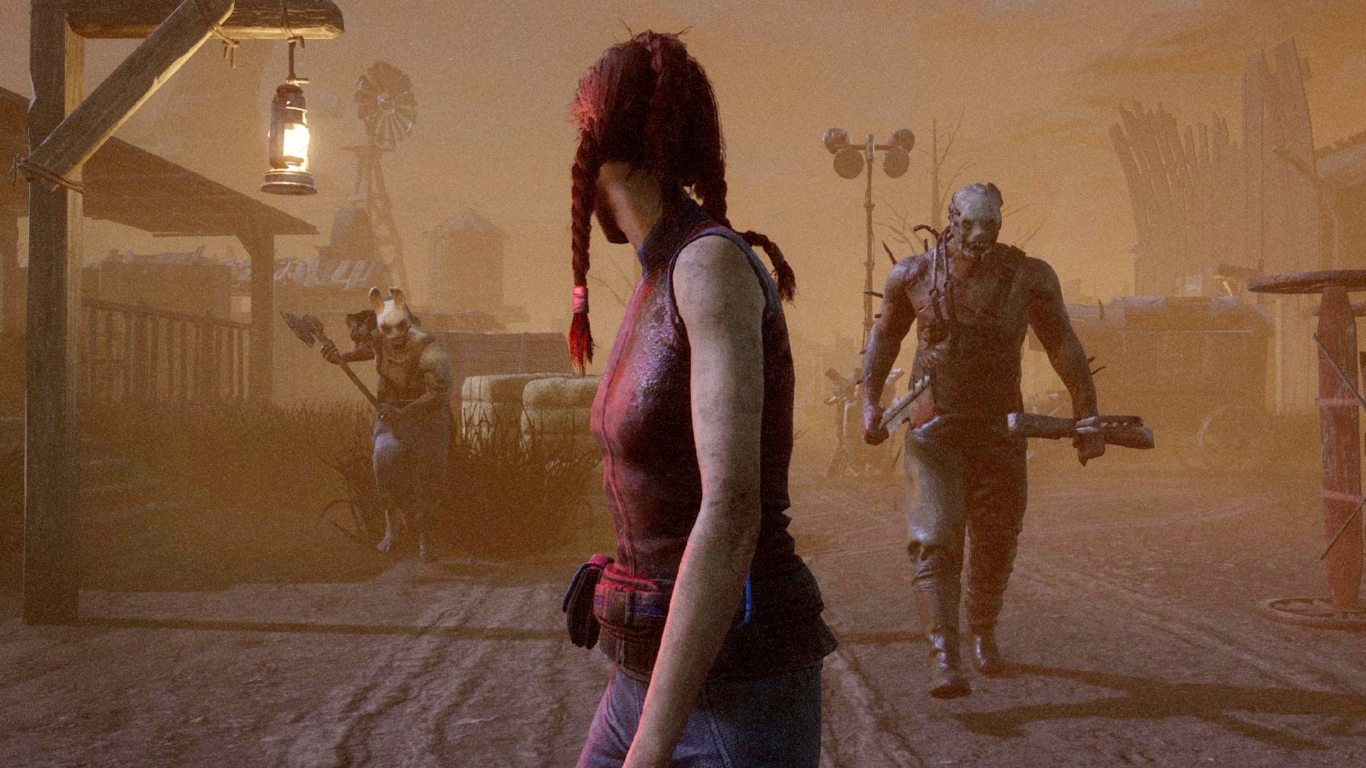 Meg looks back as a Trapper and Huntress stalk her in DBD 2v8 mode.