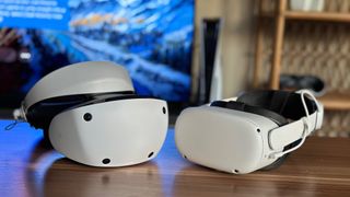 Sony PSVR 2 (left) and Oculus Quest 2 (right) sitting on a table.