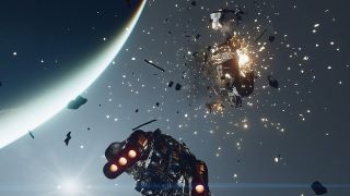 This is a screenshot from the space role playing game Starfield. Here we see a small spaceship shooting and blowing up a spaceship in front of it. To the left you can see part of a planet. In the background there is a bright star lighting up the scene.