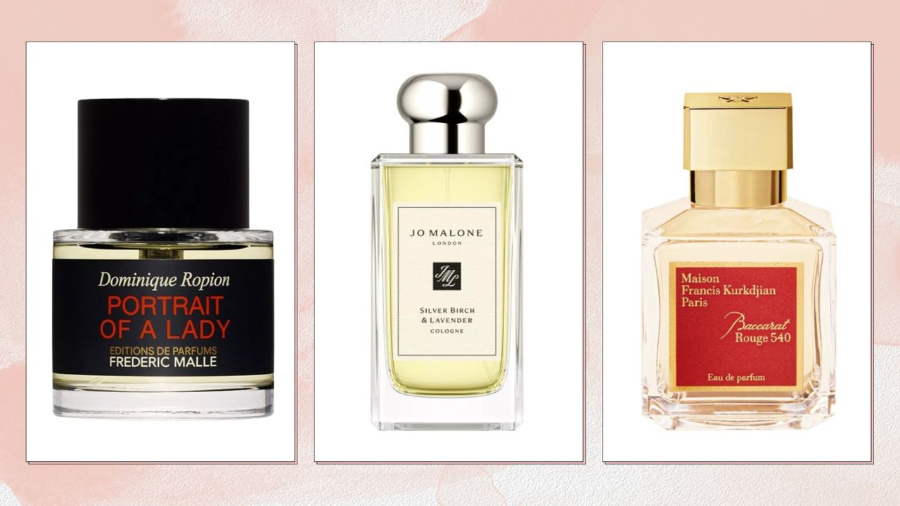 A selection of the best long-lasting perfumes for women, including press shots of Frederic Malle&#039;s Portrait of a Lady perfume, Jo Malone&#039;s Silver Birch and Lavender cologne and Maison Francis Kurkdjian&#039;s Baccarat Rouge 540 perfume, in a pink watercolour paint-style template