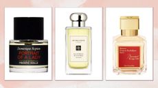 A selection of the best long-lasting perfumes for women, including press shots of Frederic Malle's Portrait of a Lady perfume, Jo Malone's Silver Birch and Lavender cologne and Maison Francis Kurkdjian's Baccarat Rouge 540 perfume, in a pink watercolour paint-style template