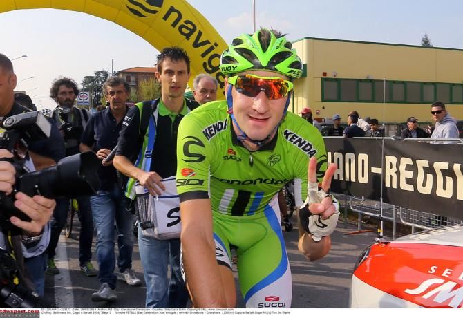 Coppi e Bartali stage 3 winner Eli Viviani (Cannondale) makes his way to the podium