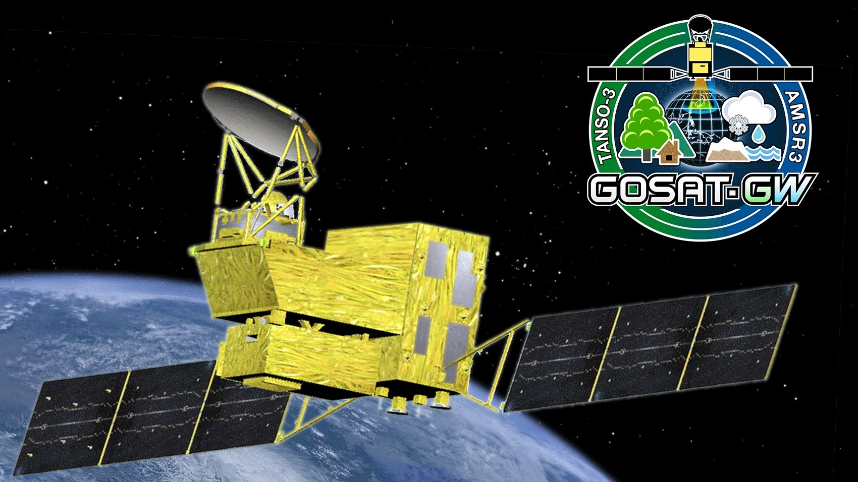 a gold satellite with dual triple-paneled solar arrays floats in space above earth. a blue and green mission patch is in the top right.