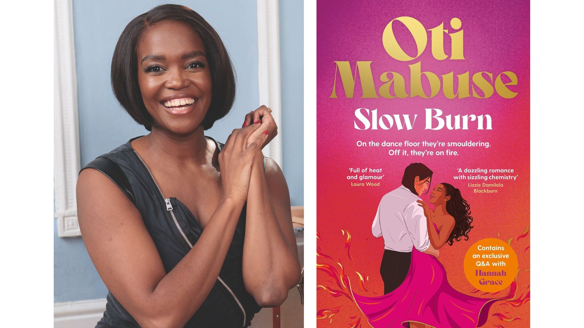 Oti Mabuse smiles in a headshot, beside the front cover of her book Slow Burn, which features a man and woman dancing in front of a red sky