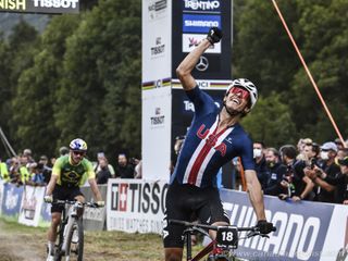 Christopher Blevins (USA) celebrates victory in the men's short track at the UCI MTB World Championships