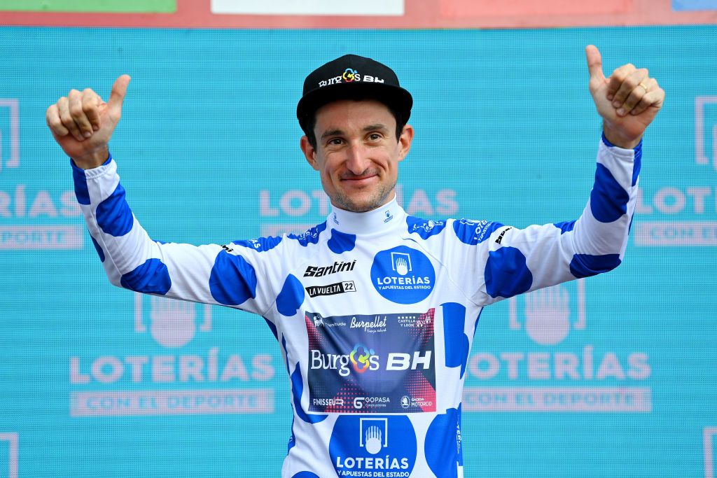 CISTIERNA SPAIN AUGUST 26 Victor Langellotti of Monaco and Team Burgos BH Polka Dot Mountain Jersey celebrates at podium during the 77th Tour of Spain 2022 Stage 7 a 190km stage from Camargo to Cistierna LaVuelta22 WorldTour on August 26 2022 in Cistierna Spain Photo by Justin SetterfieldGetty Images