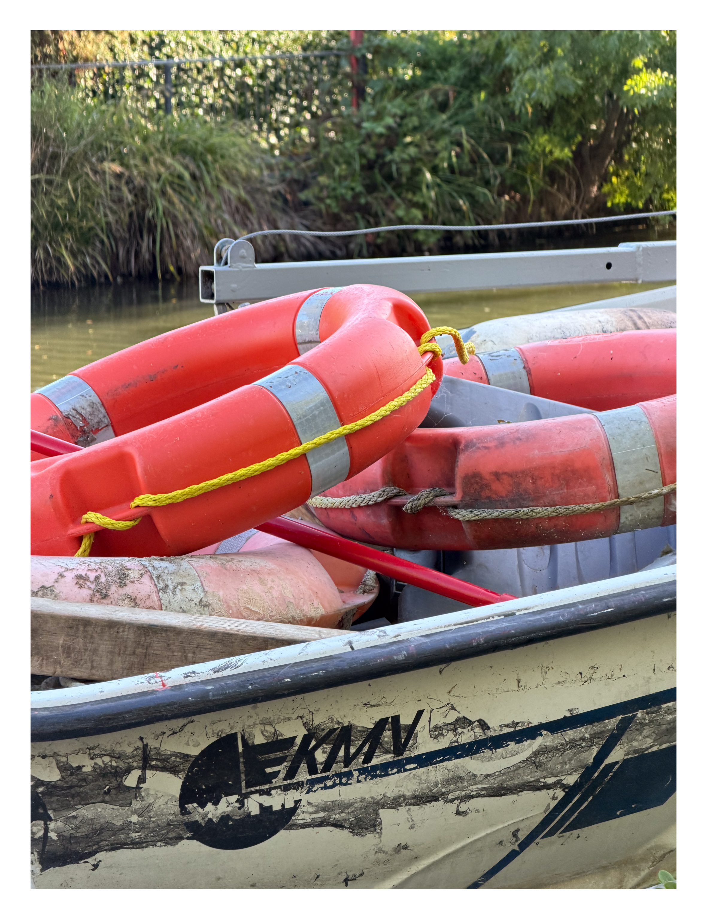 Life rings stacked in a boat
