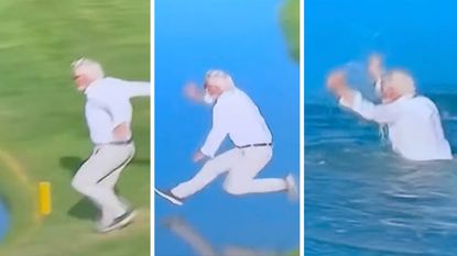 Screengrabs of a video of a Ryder Cup fan jumping into the water